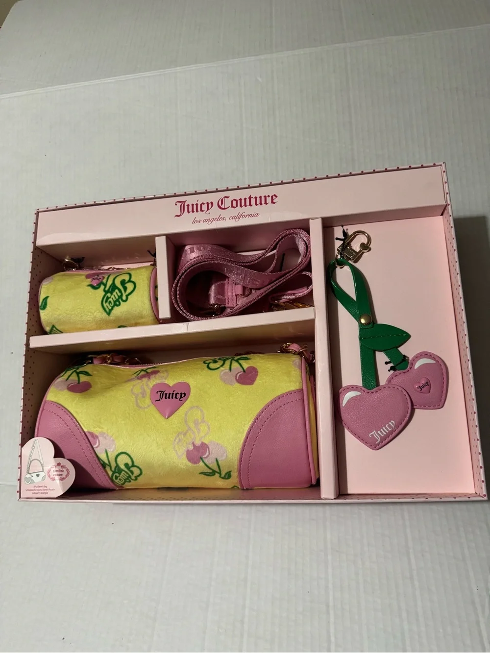 Juicy Couture heritage cherry mini barrel bag yellow iris multi Bag Set BNWT - Picture 1 of 6
